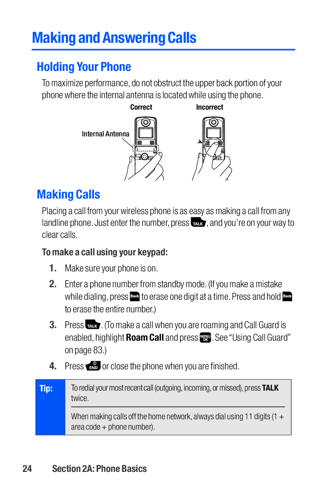 Sanyo M1 manual Making and Answering Calls, Holding Your Phone, Making Calls, To make a call using your keypad 