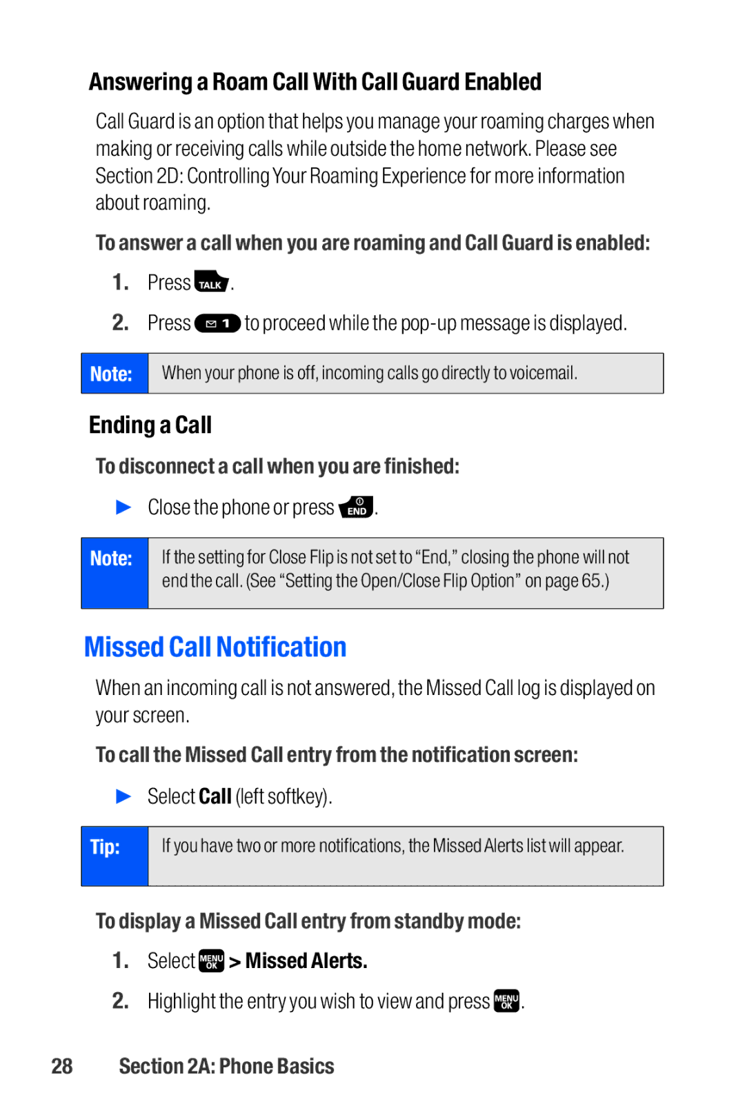 Sanyo M1 manual Missed Call Notification, Answering a Roam Call With Call Guard Enabled, Ending a Call 