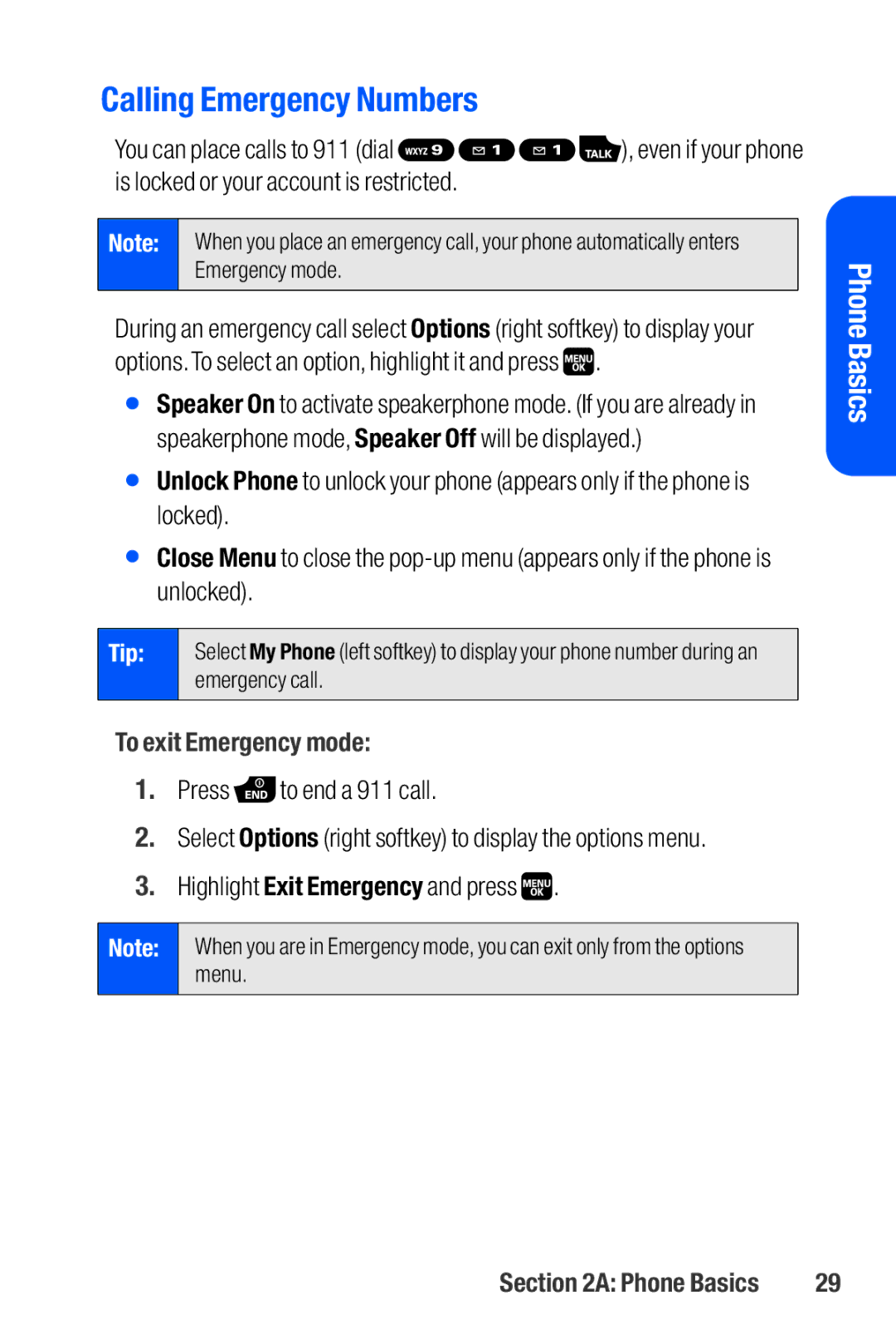 Sanyo M1 manual Calling Emergency Numbers, To exit Emergency mode 