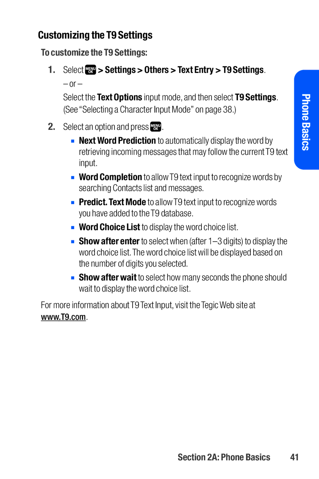 Sanyo M1 Customizing the T9 Settings, To customize the T9 Settings,  Word Choice List to display the word choice list 