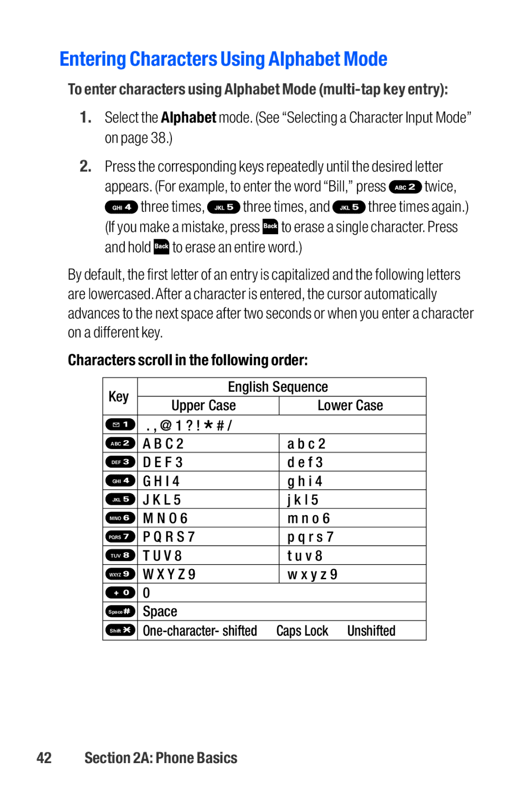 Sanyo M1 manual Entering Characters Using Alphabet Mode, Characters scroll in the following order 