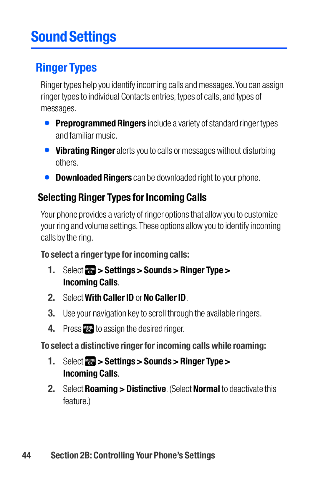 Sanyo M1 manual Sound Settings, Selecting Ringer Types for Incoming Calls, To select a ringer type for incoming calls 