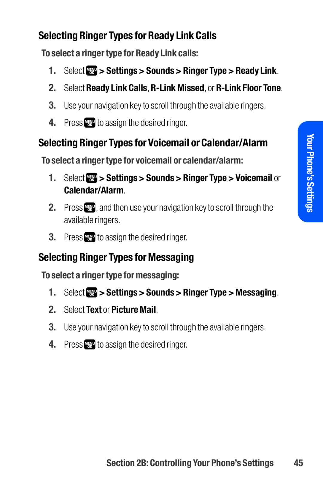 Sanyo M1 manual Selecting Ringer Types for Ready Link Calls, Selecting Ringer Types for Messaging 