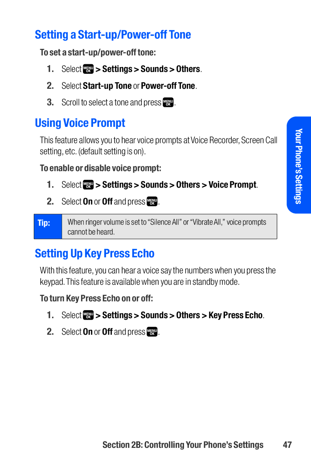 Sanyo M1 manual Setting a Start-up/Power-off Tone, Using Voice Prompt, Setting Up Key Press Echo 