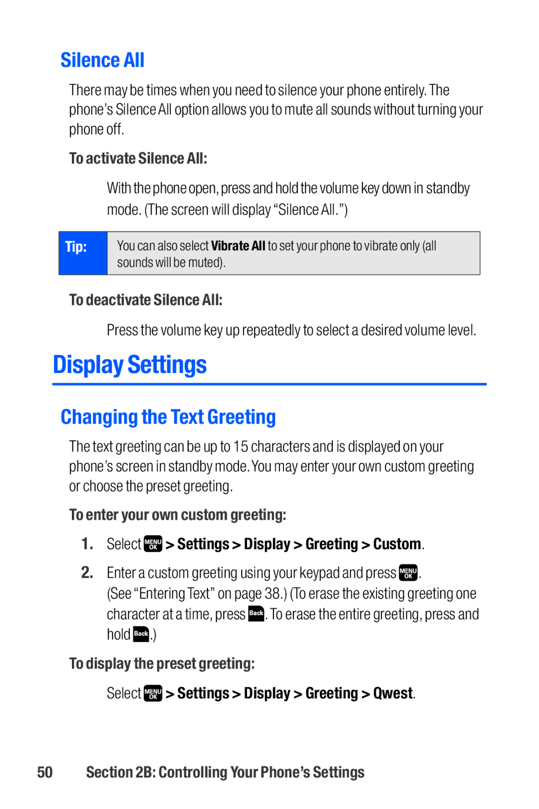 Sanyo M1 manual Display Settings, Silence All, Changing the Text Greeting 