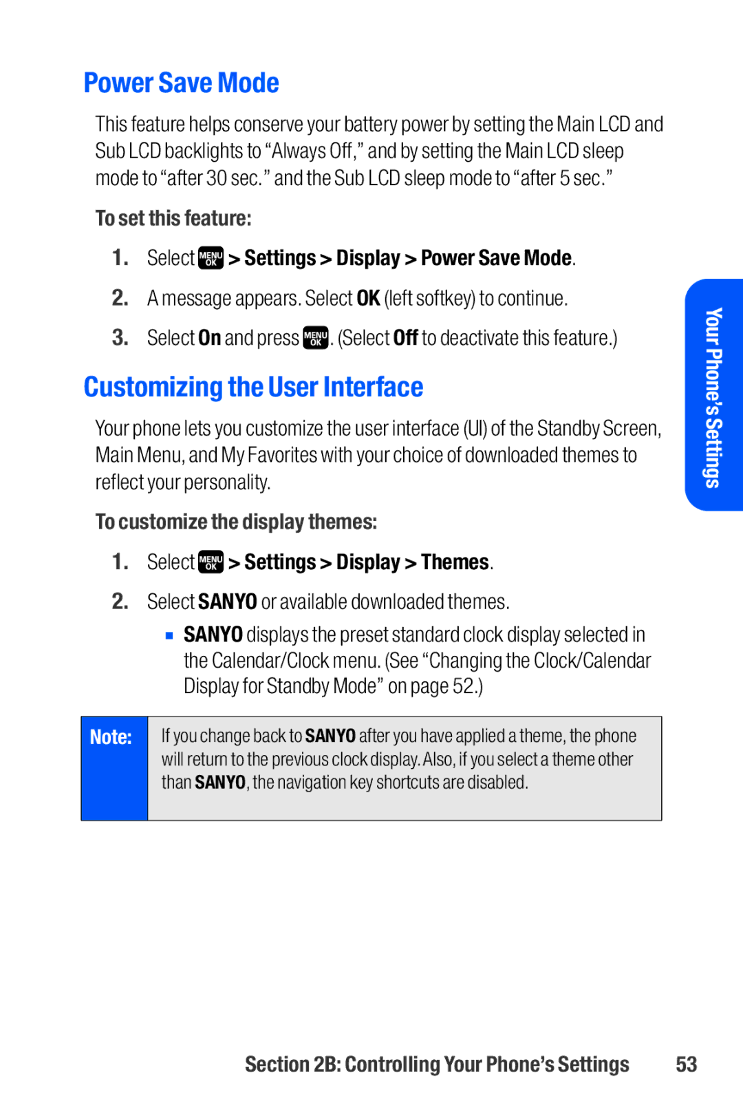 Sanyo M1 manual Power Save Mode, Customizing the User Interface, To set this feature, To customize the display themes 