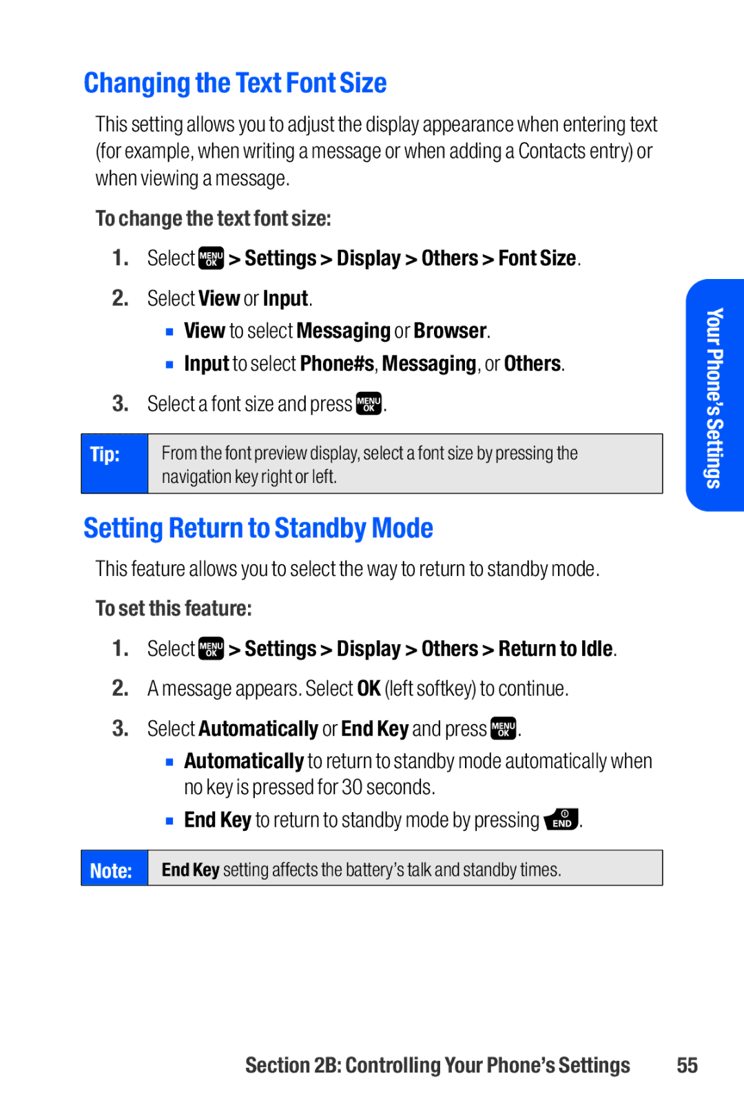 Sanyo M1 manual Changing the Text Font Size, Setting Return to Standby Mode, To change the text font size 