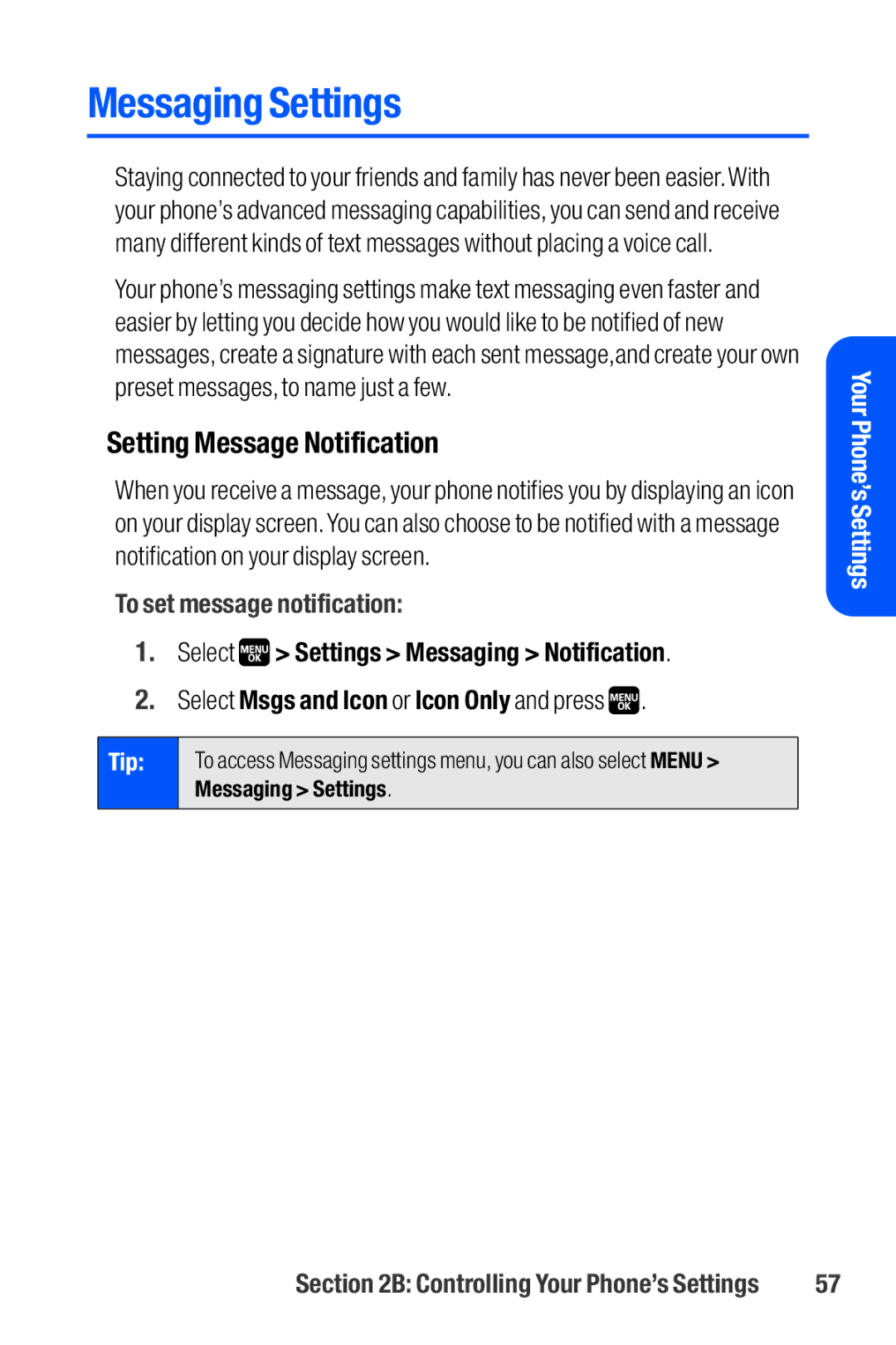 Sanyo M1 manual Messaging Settings, Setting Message Notification, To set message notification 