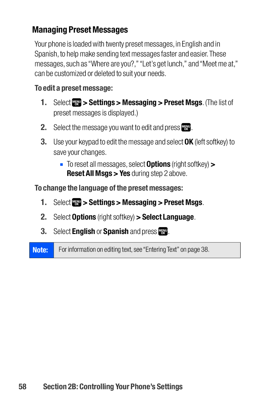 Sanyo M1 manual Managing Preset Messages, To edit a preset message, To change the language of the preset messages 