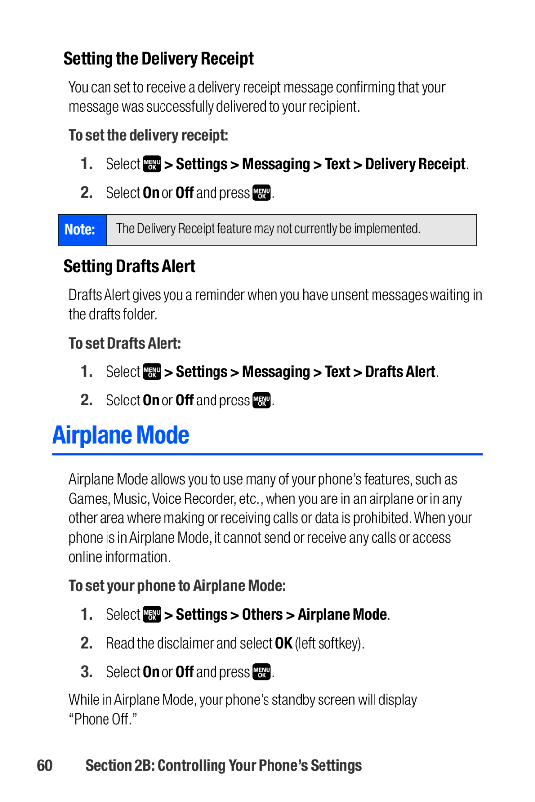 Sanyo M1 manual Airplane Mode, Setting the Delivery Receipt, Setting Drafts Alert 