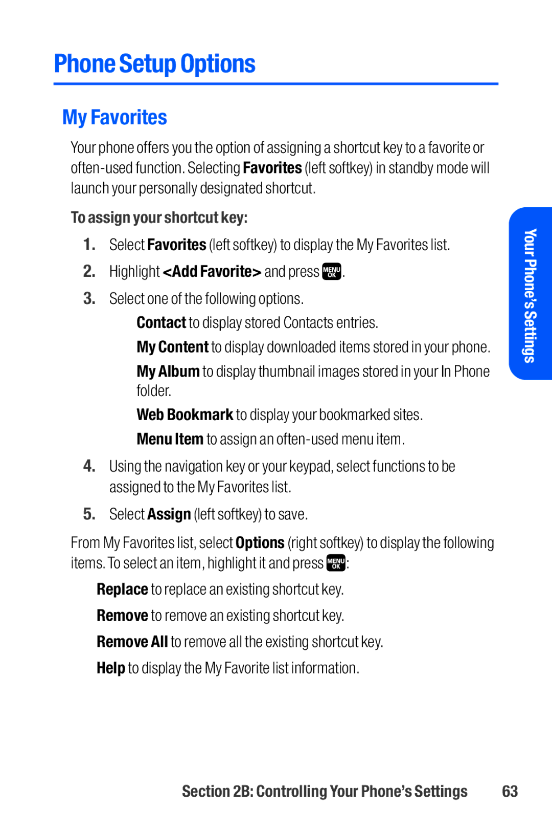 Sanyo M1 manual Phone Setup Options, My Favorites, To assign your shortcut key 