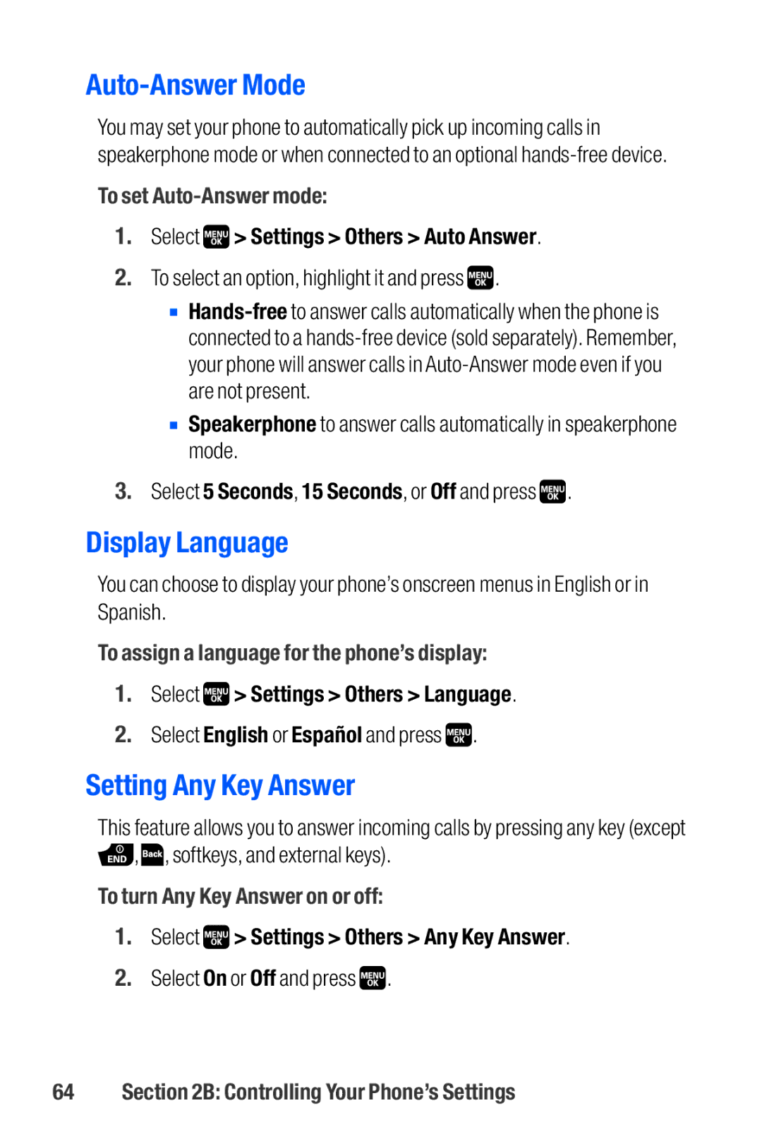 Sanyo M1 manual Auto-Answer Mode, Display Language, Setting Any Key Answer 