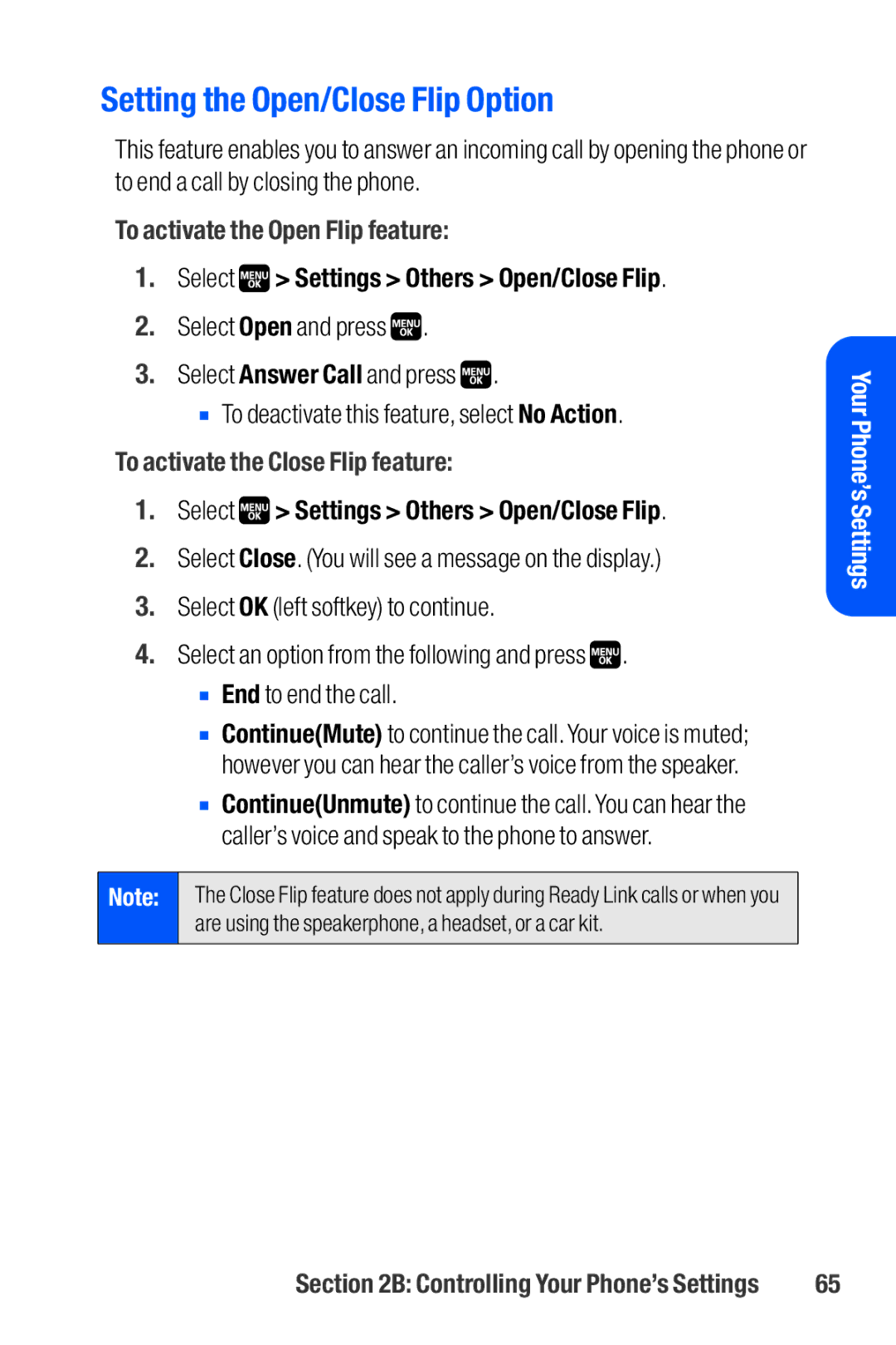 Sanyo M1 Setting the Open/Close Flip Option, To activate the Open Flip feature, Select Settings Others Open/Close Flip 