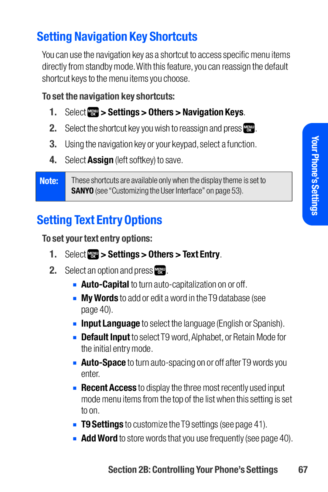 Sanyo M1 manual Setting Navigation Key Shortcuts, Setting Text Entry Options, To set the navigation key shortcuts 