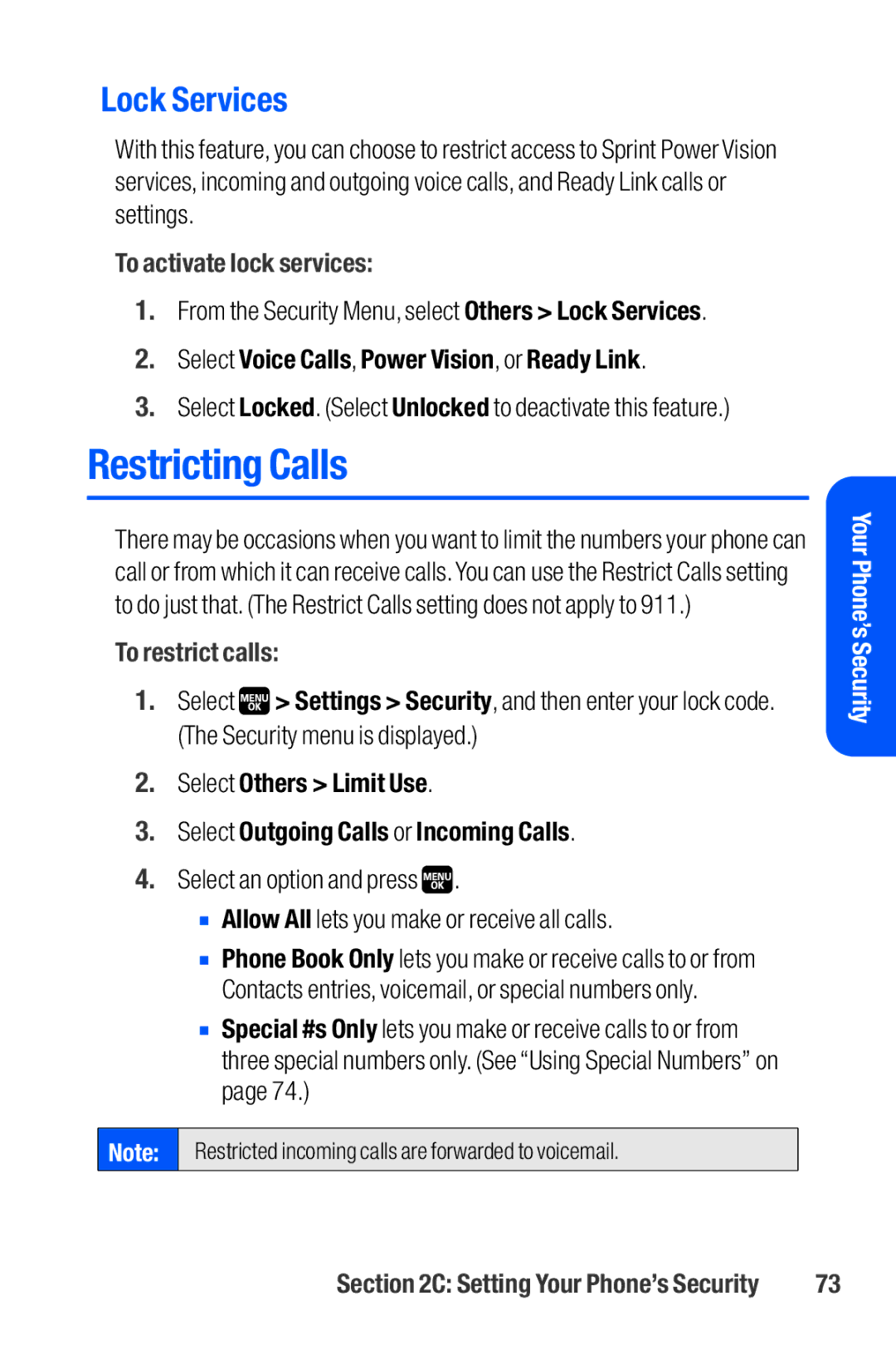 Sanyo M1 Restricting Calls, Lock Services, To activate lock services, Select Voice Calls, Power Vision, or Ready Link 