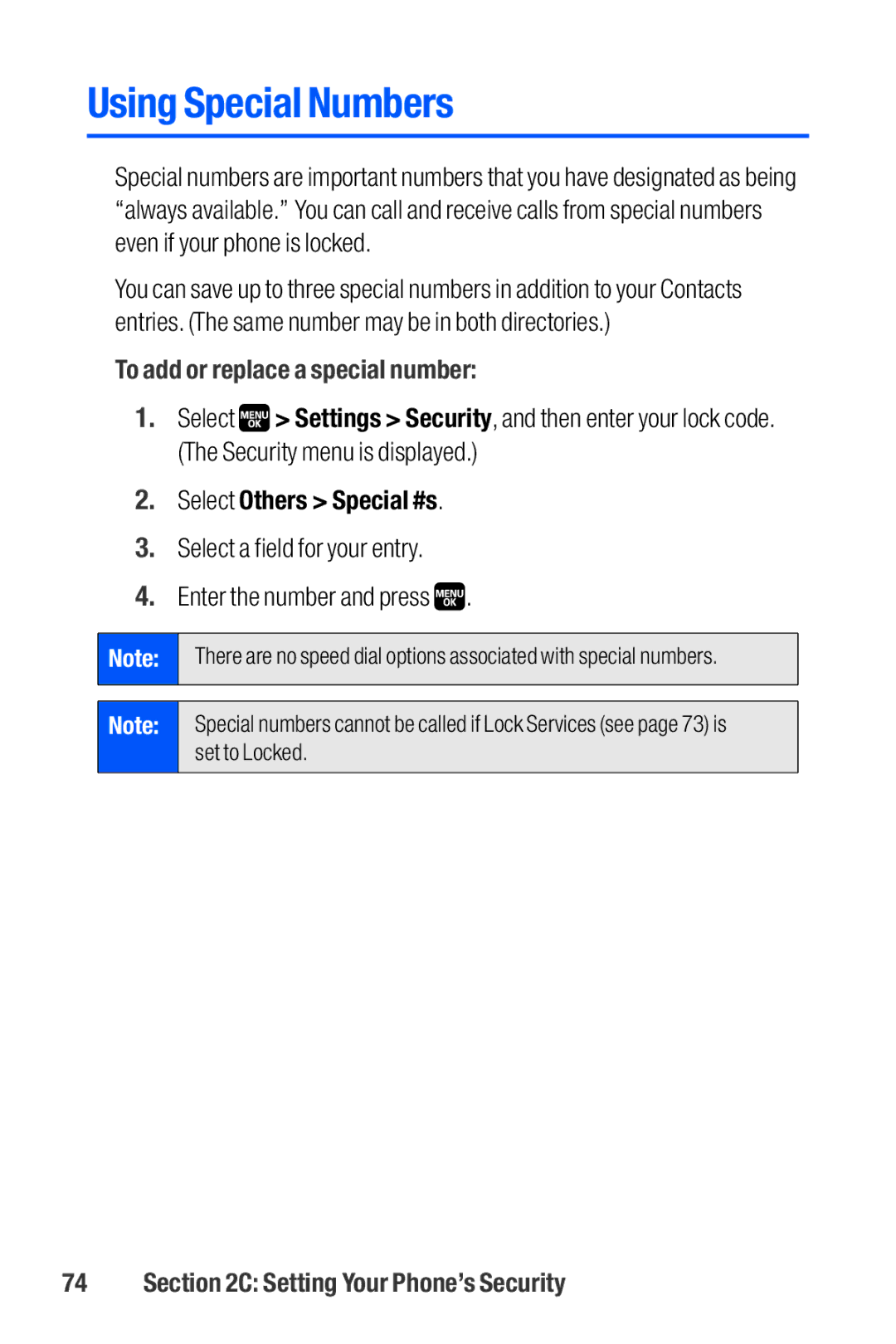 Sanyo M1 manual Using Special Numbers, To add or replace a special number, Select Others Special #s 