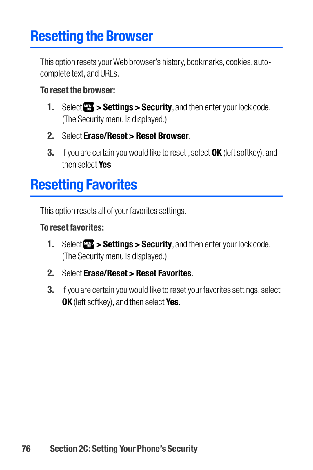 Sanyo M1 manual Resetting the Browser, Resetting Favorites, To reset the browser, To reset favorites 