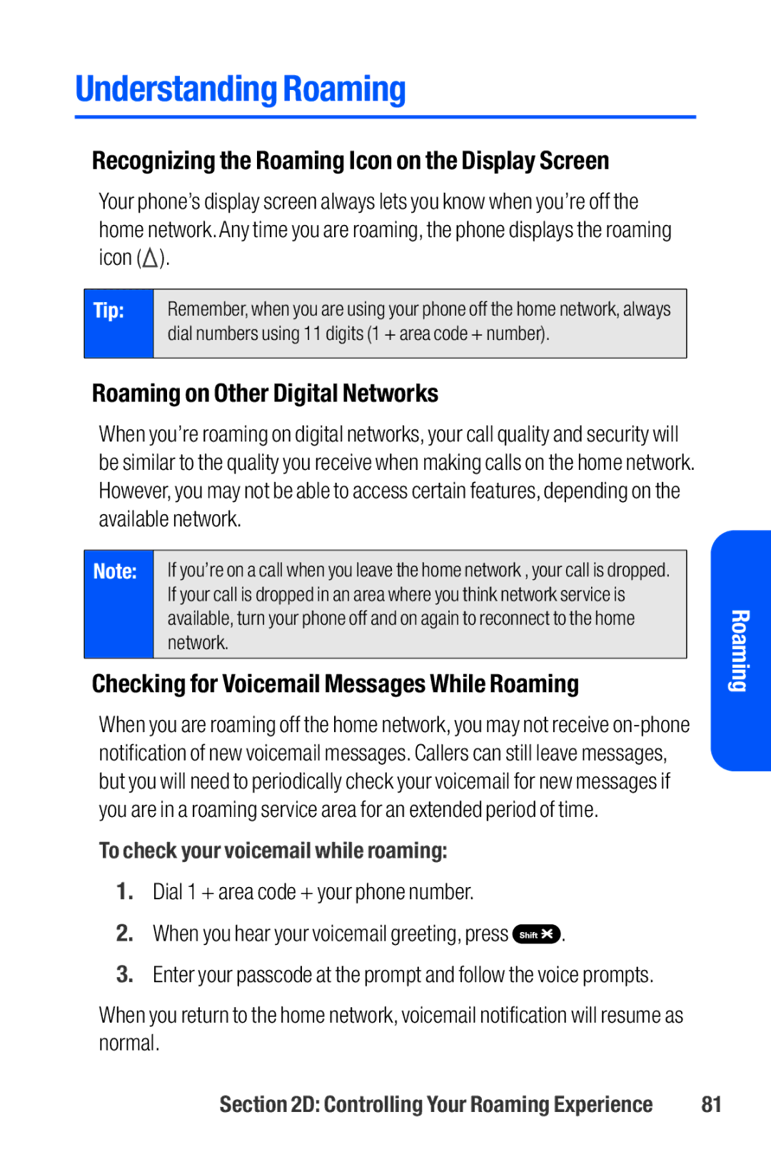 Sanyo M1 manual Understanding Roaming, Roaming on Other Digital Networks, Checking for Voicemail Messages While Roaming 