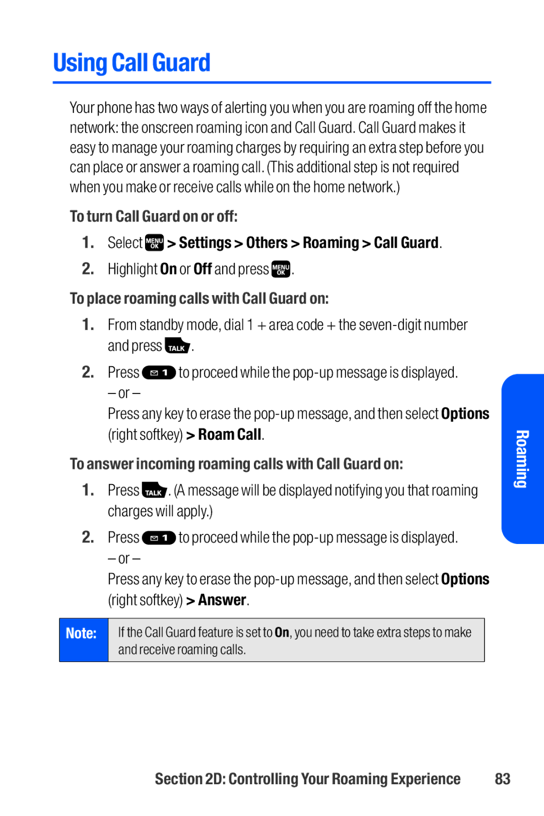 Sanyo M1 manual Using Call Guard, To turn Call Guard on or off, Select Settings Others Roaming Call Guard 