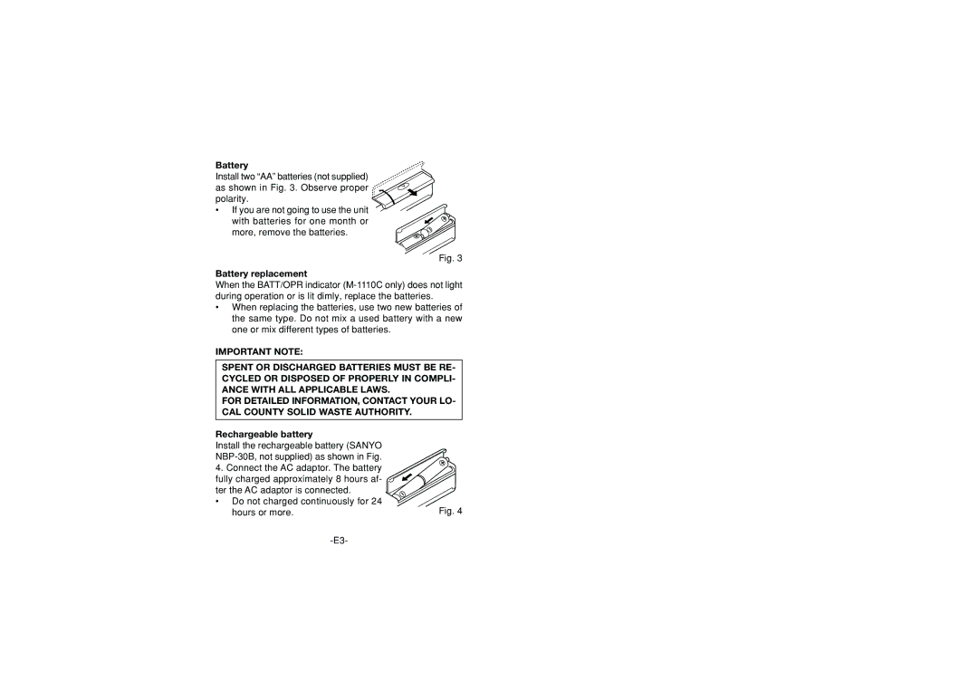 Sanyo M1060C, M1110C instruction manual Battery replacement, Rechargeable battery 