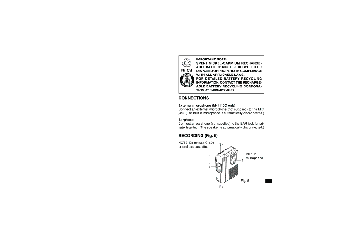 Sanyo M1110C, M1060C instruction manual Connections, Recording Fig, External microphone M-1110C only, Earphone 