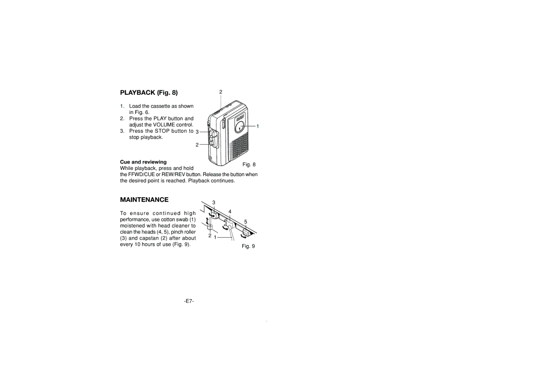 Sanyo M1060C, M1110C instruction manual Playback Fig, Maintenance, Cue and reviewing While playback, press and hold 