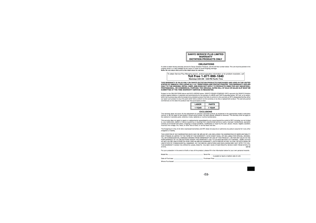 Sanyo M1110C, M1060C instruction manual Toll Free, Labor Parts Year Exclusions 