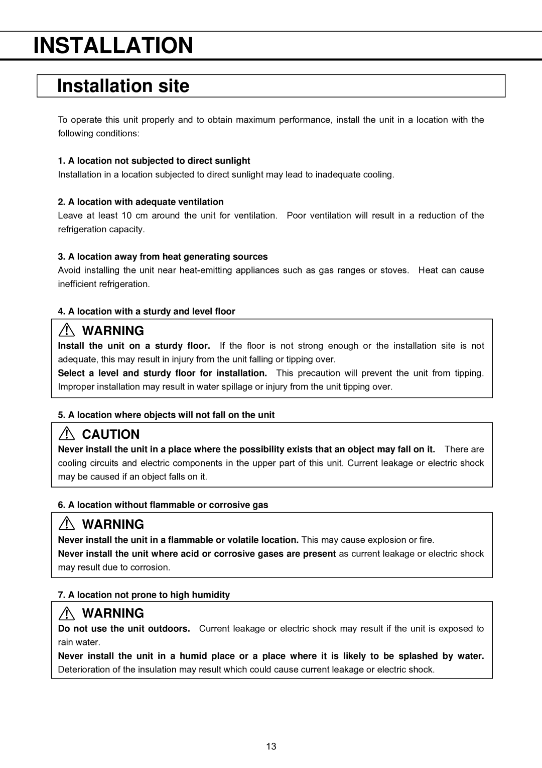 Sanyo MBR-1404GR instruction manual Installation site 