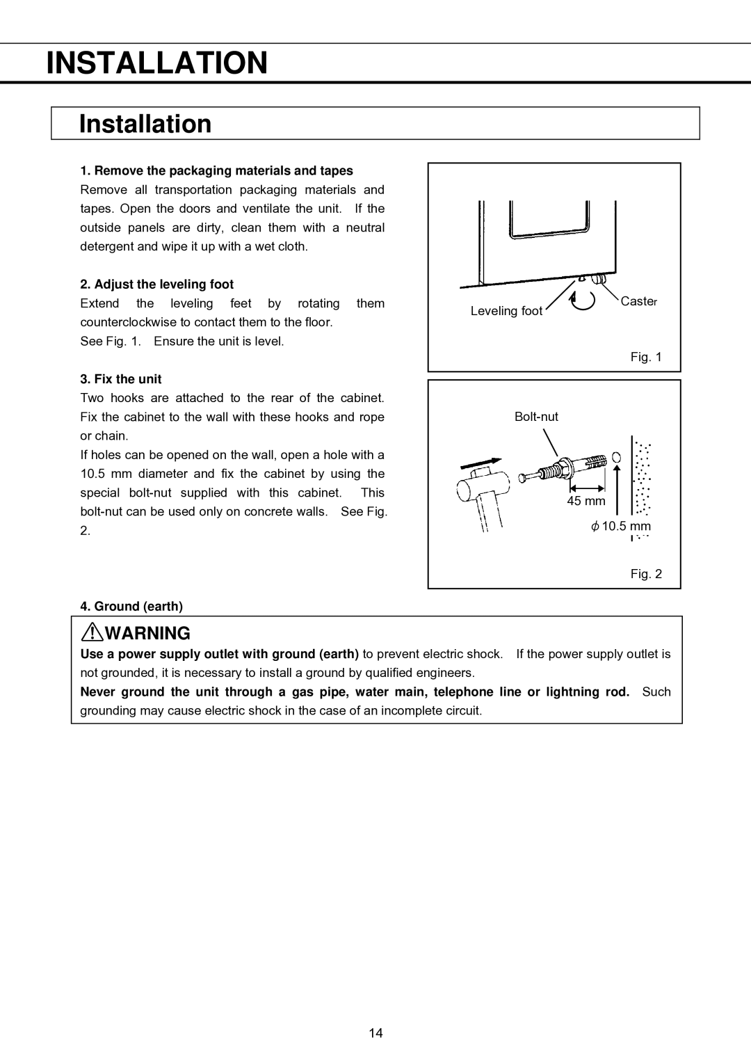 Sanyo MBR-1404GR instruction manual Installation, Fix the unit, Ground earth 