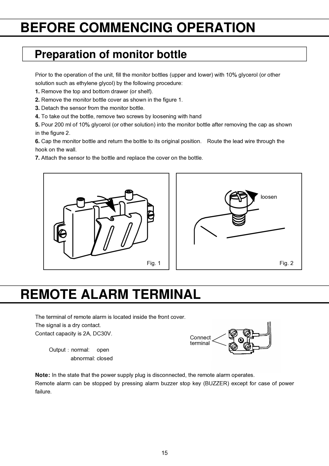 Sanyo MBR-1404GR instruction manual Before Commencing Operation, Remote Alarm Terminal, Preparation of monitor bottle 