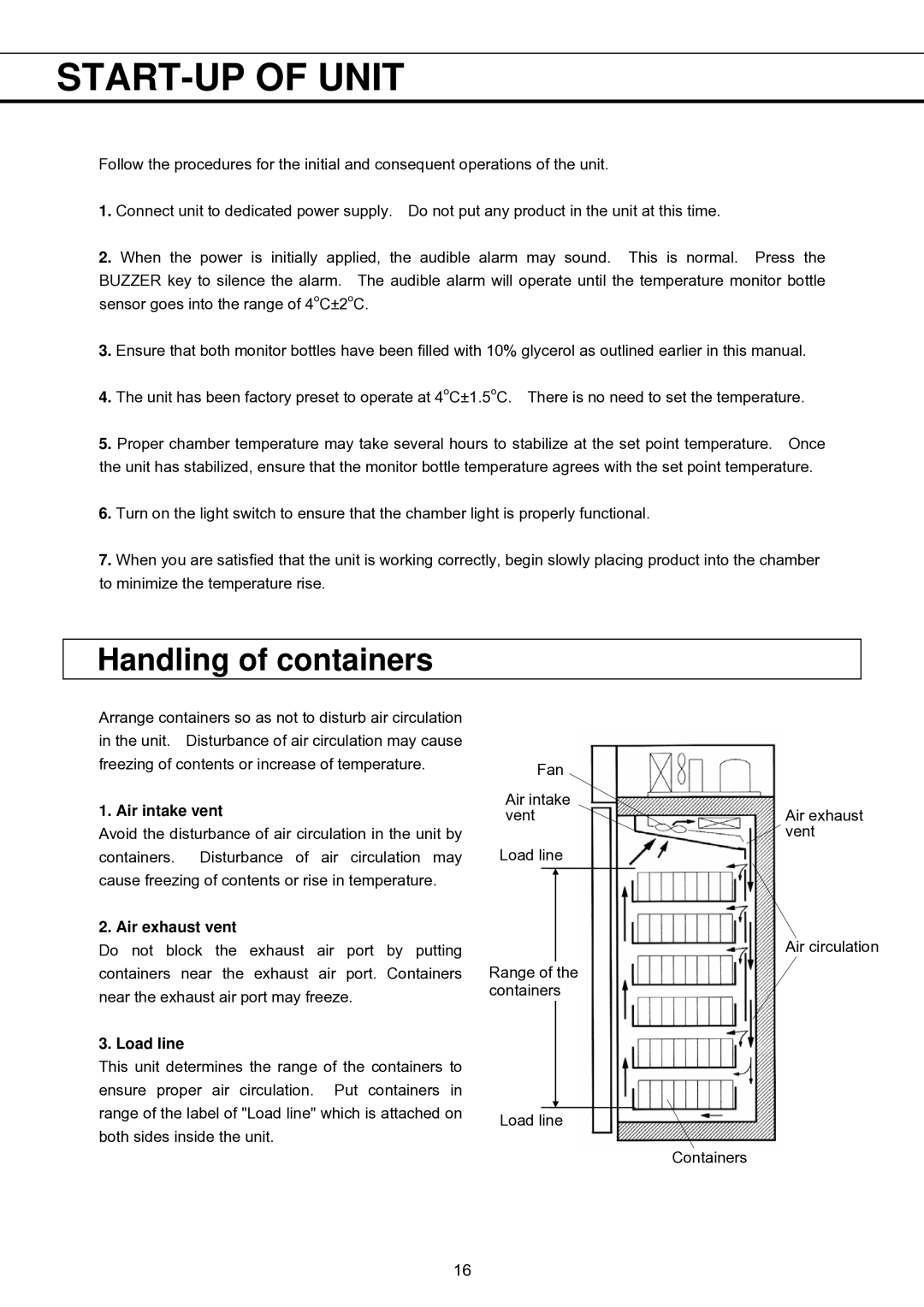 Sanyo MBR-1404GR START-UP of Unit, Handling of containers, Air intake vent, Air exhaust vent, Load line 