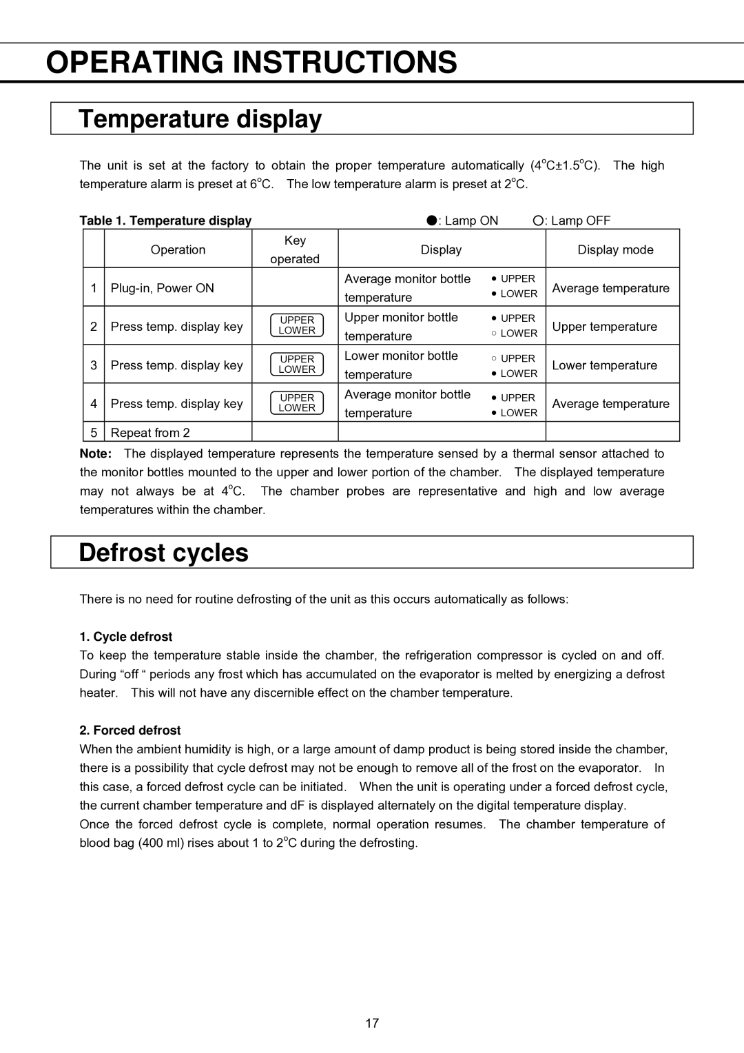 Sanyo MBR-1404GR instruction manual Operating Instructions, Temperature display, Defrost cycles 