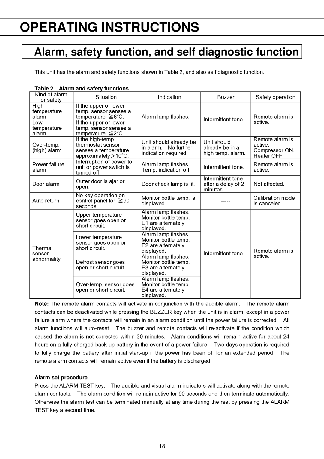 Sanyo MBR-1404G Alarm, safety function, and self diagnostic function, Alarm and safety functions, Alarm set procedure 