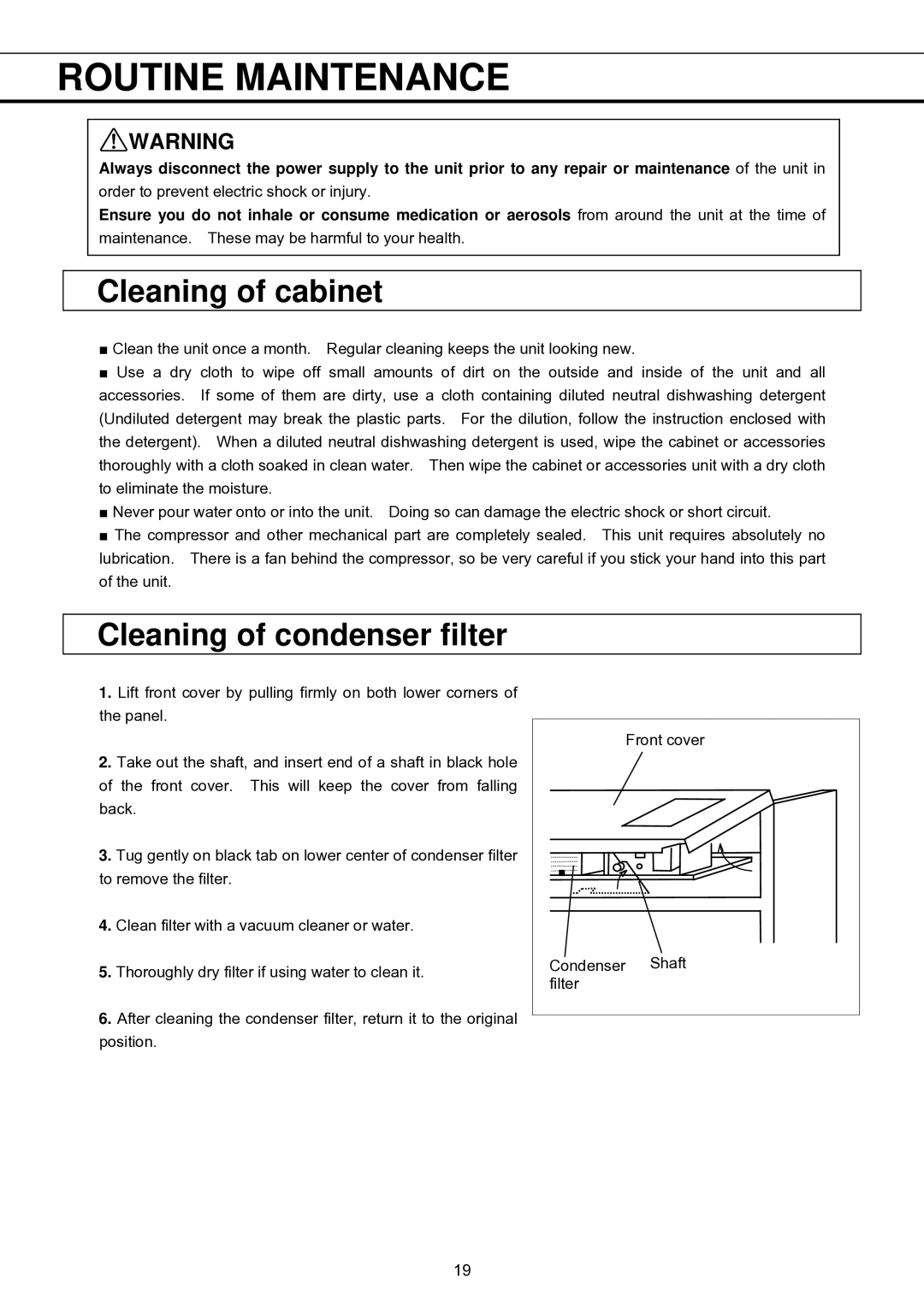 Sanyo MBR-1404GR instruction manual Routine Maintenance, Cleaning of cabinet, Cleaning of condenser filter 