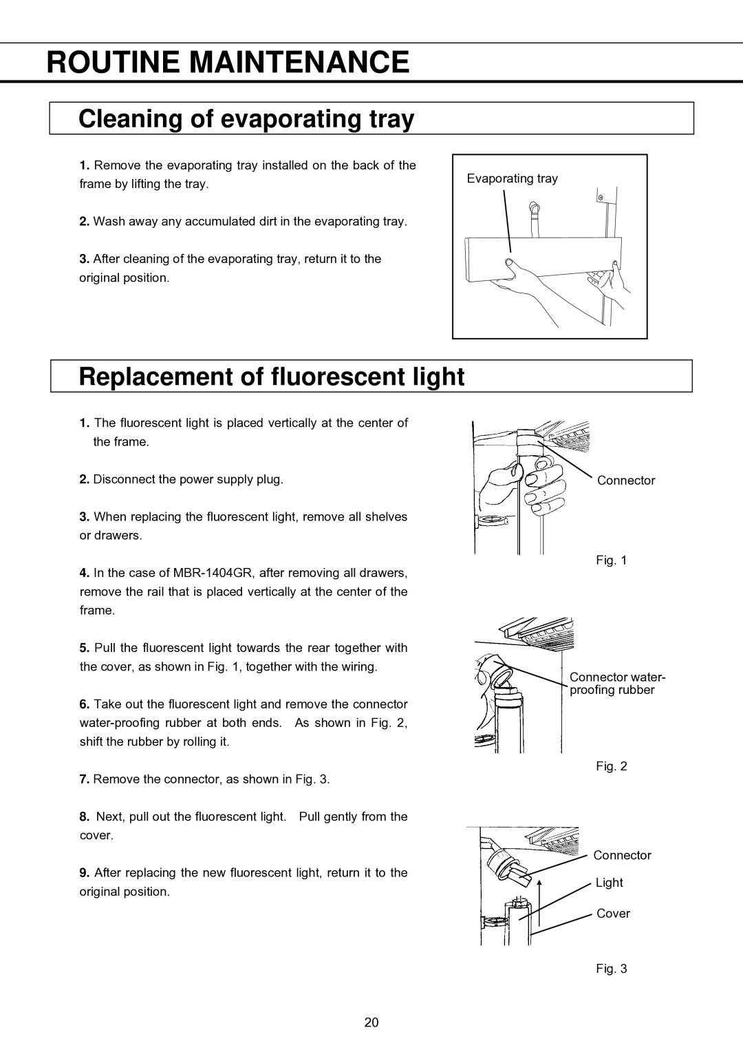 Sanyo MBR-1404GR instruction manual Cleaning of evaporating tray, Replacement of fluorescent light 