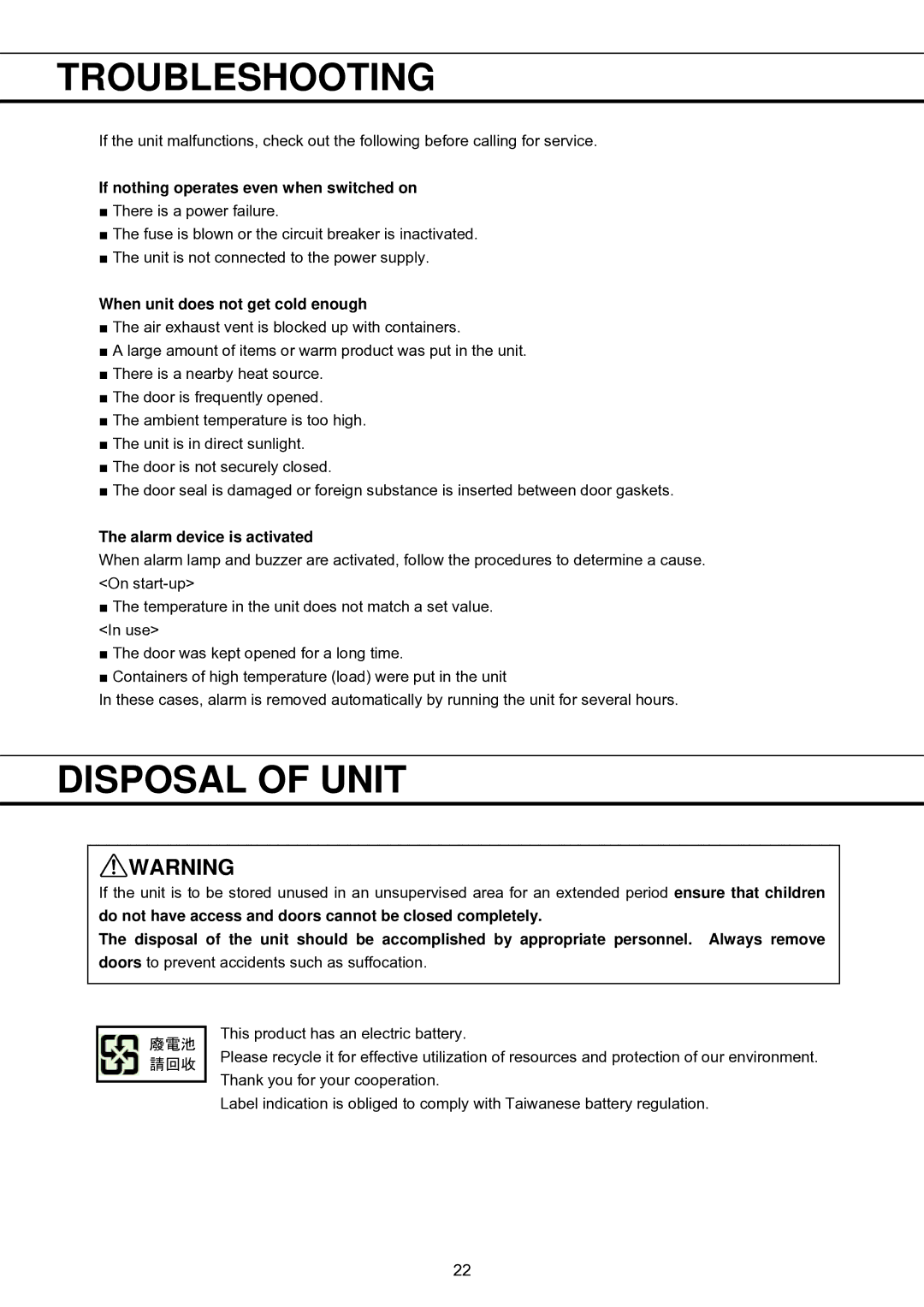 Sanyo MBR-1404G Troubleshooting, Disposal of Unit, If nothing operates even when switched on, Alarm device is activated 