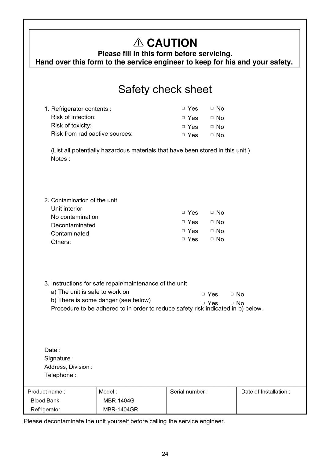 Sanyo MBR-1404GR instruction manual Safety check sheet 