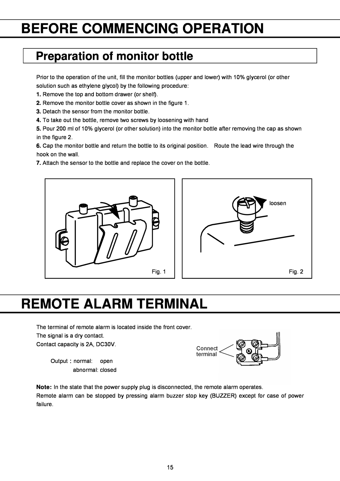 Sanyo MBR-1404GR instruction manual Before Commencing Operation, Remote Alarm Terminal, Preparation of monitor bottle 