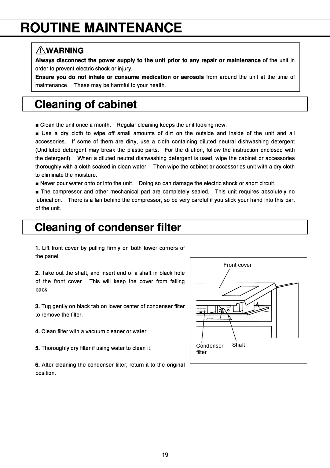 Sanyo MBR-1404GR instruction manual Routine Maintenance, Cleaning of cabinet, Cleaning of condenser filter 
