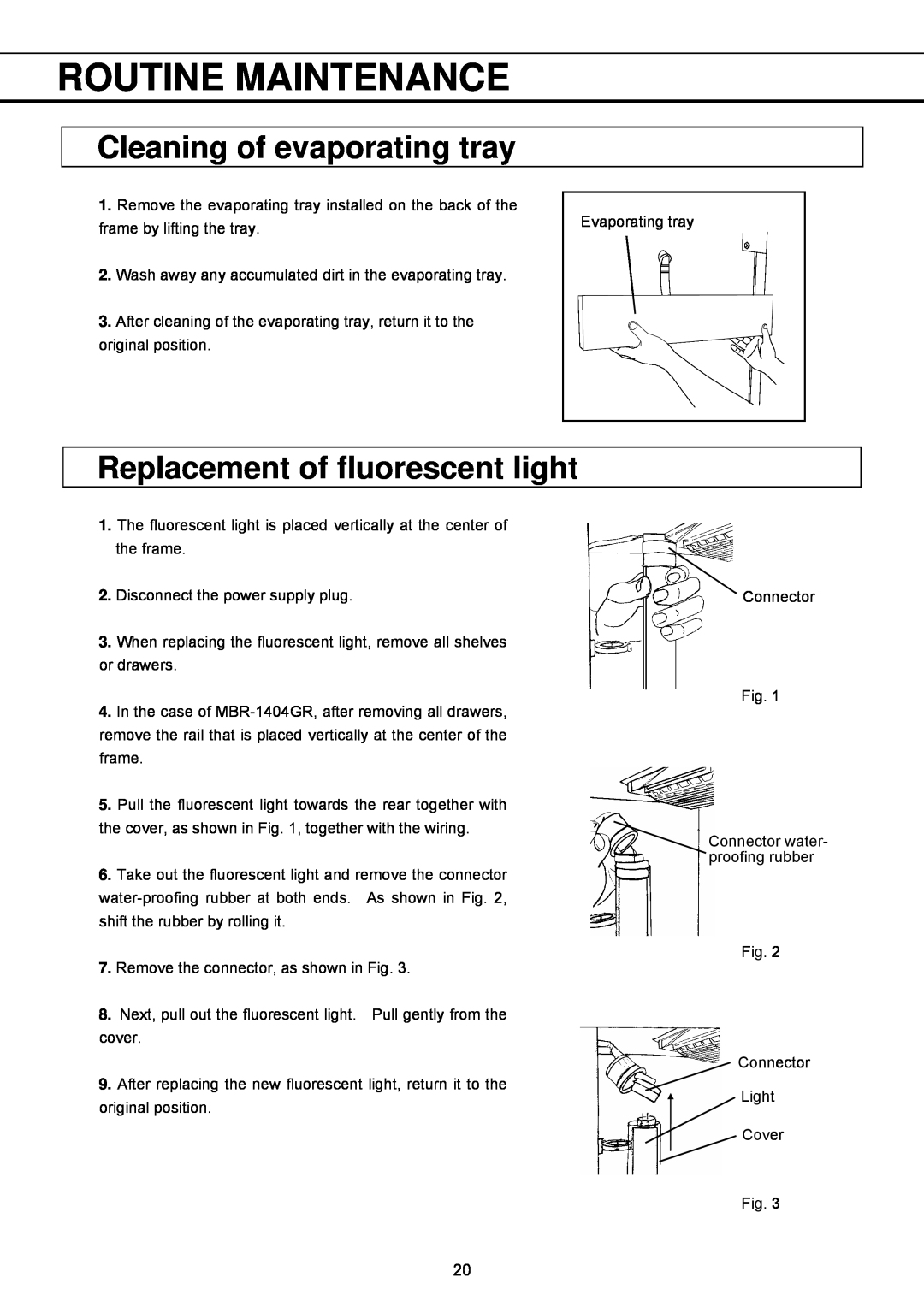 Sanyo MBR-1404GR instruction manual Cleaning of evaporating tray, Replacement of fluorescent light, Routine Maintenance 