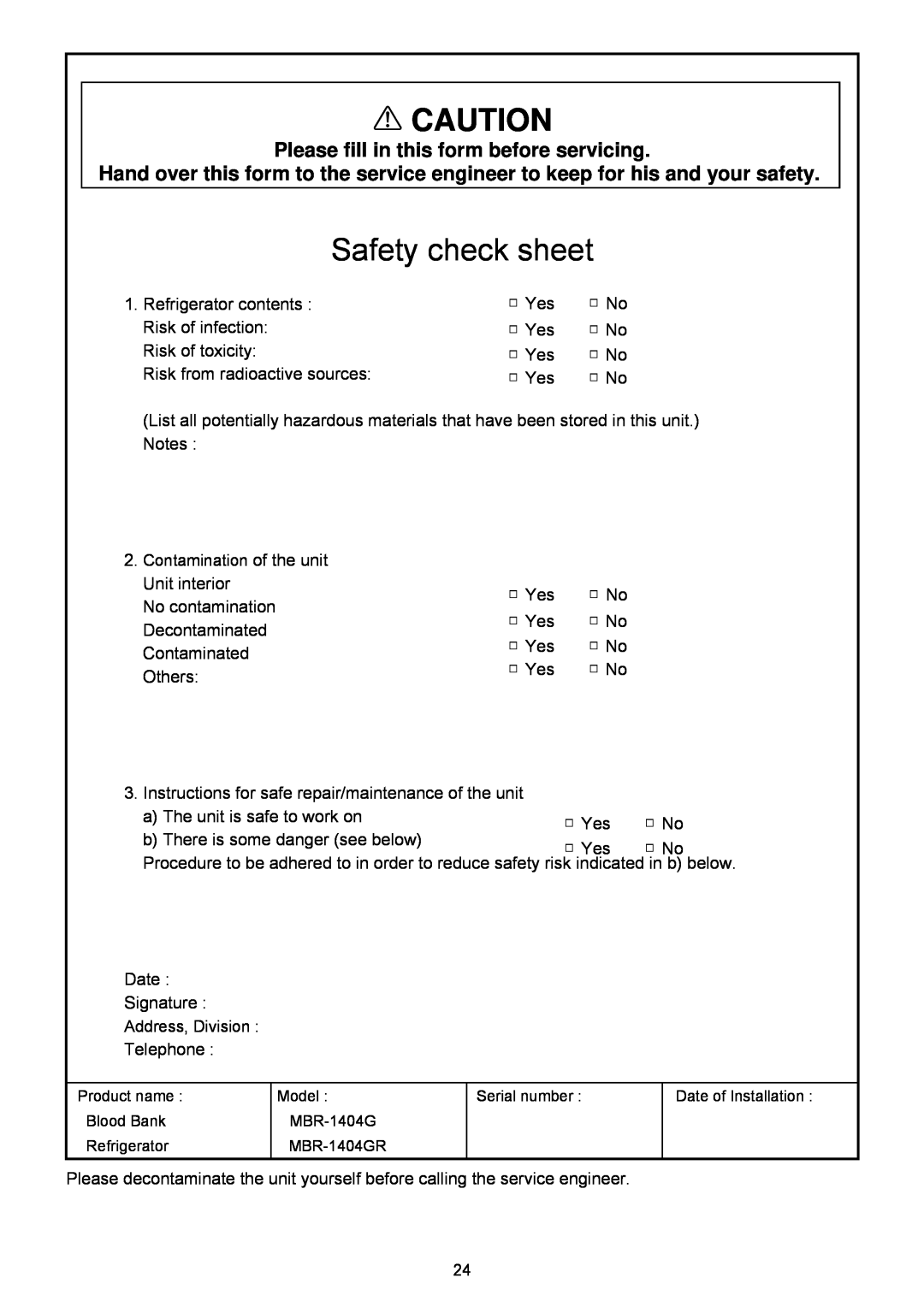 Sanyo MBR-1404GR instruction manual Safety check sheet, Please fill in this form before servicing 