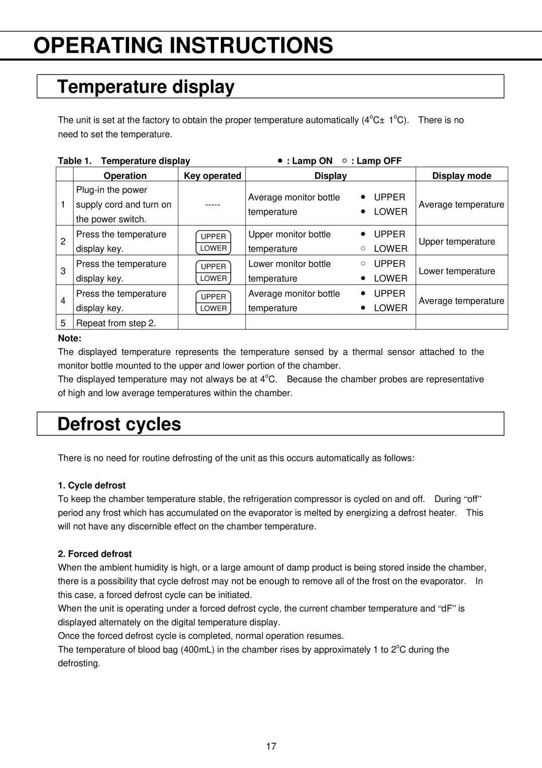 Sanyo MBR-304DR instruction manual Temperature display, Defrost cycles, Cycle defrost, Forced defrost 