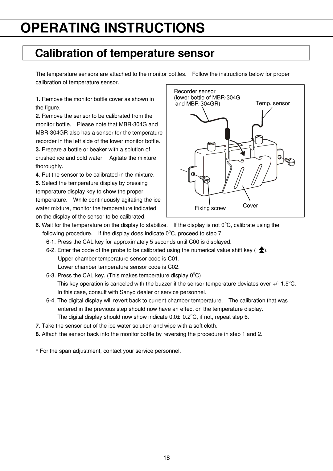 Sanyo MBR-304DR instruction manual Calibration of temperature sensor 