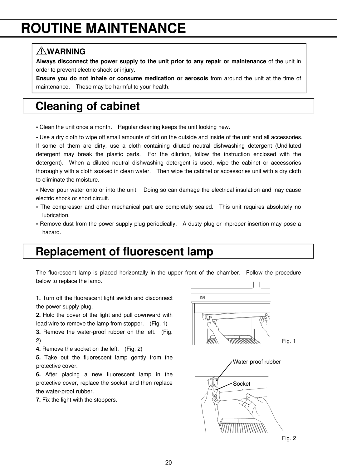 Sanyo MBR-304DR instruction manual Routine Maintenance, Cleaning of cabinet, Replacement of fluorescent lamp 