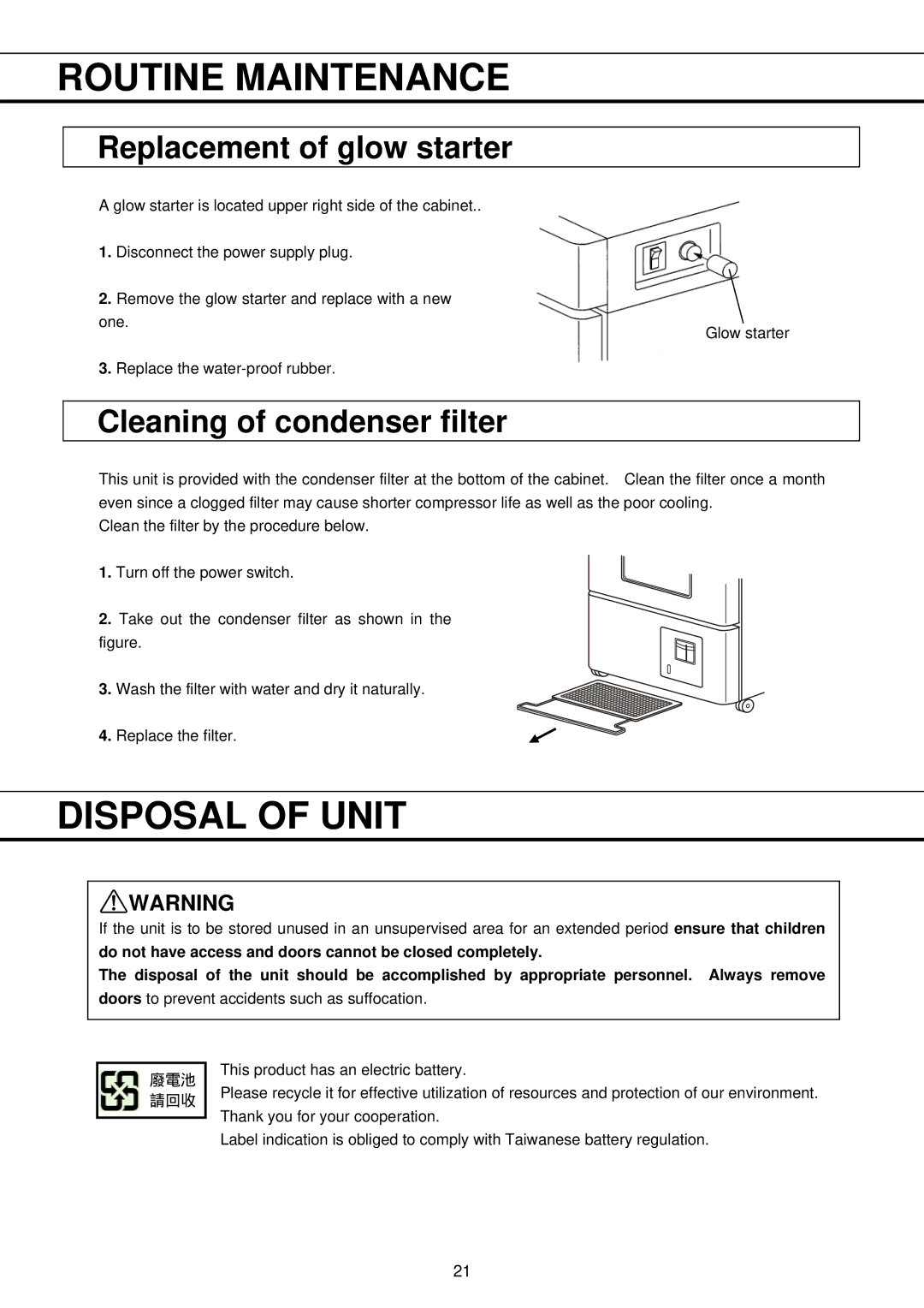 Sanyo MBR-304DR instruction manual Disposal of Unit, Replacement of glow starter, Cleaning of condenser filter 