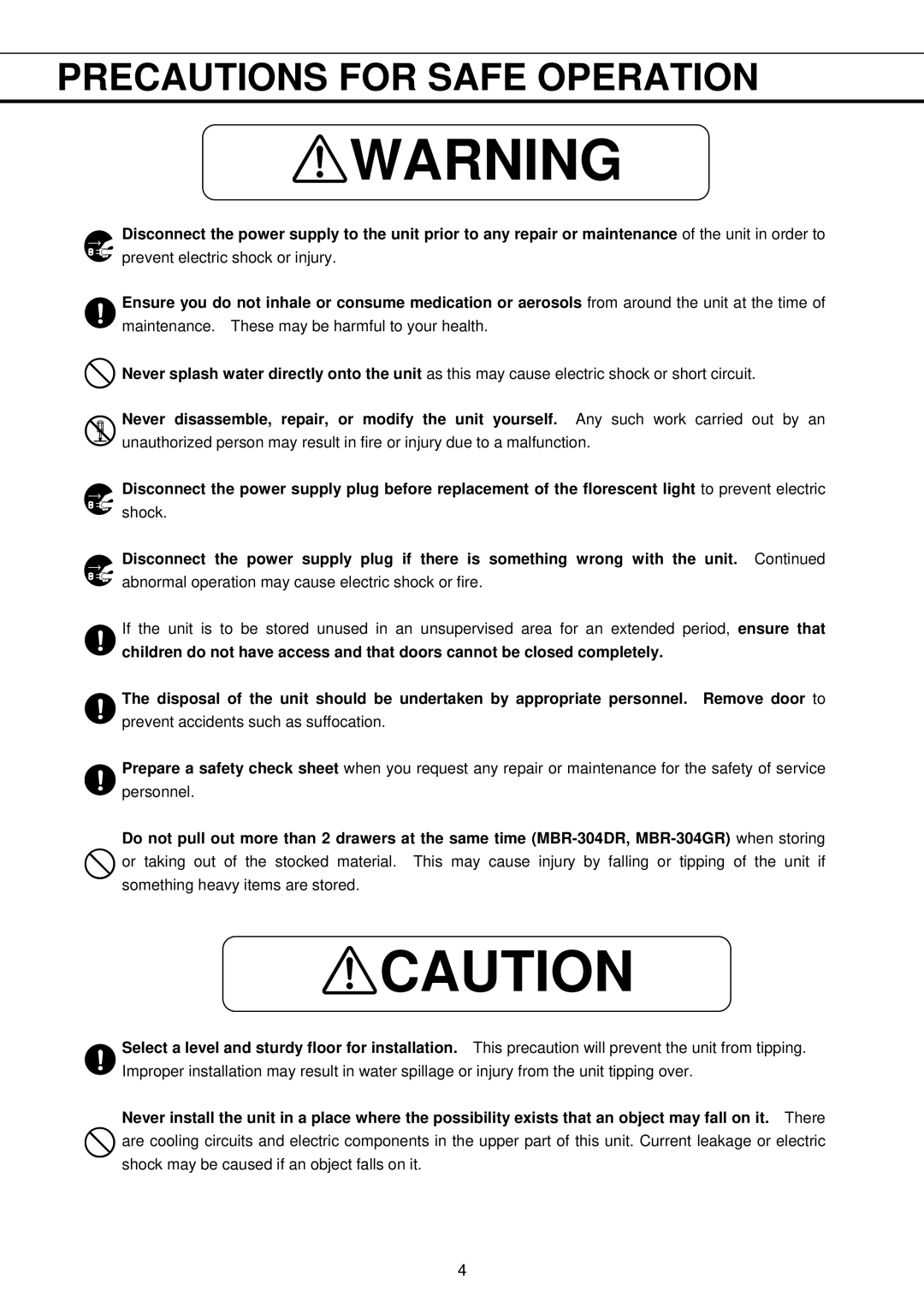 Sanyo MBR-304DR instruction manual Prevent electric shock or injury 