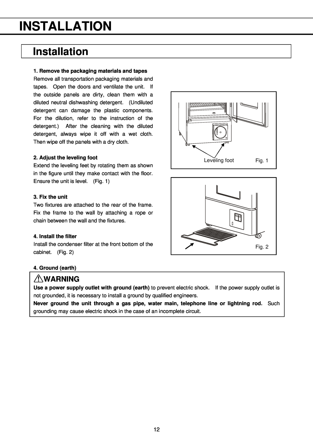Sanyo MBR-304DR Installation, Remove the packaging materials and tapes, Adjust the leveling foot, Fix the unit 