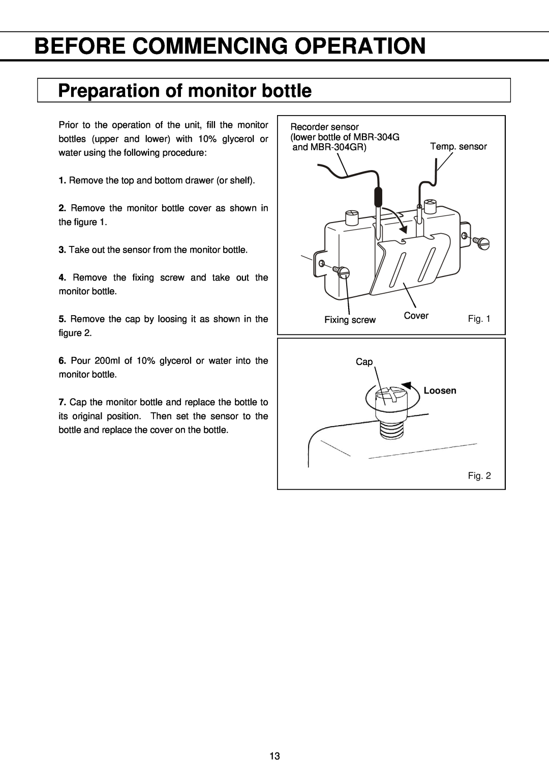 Sanyo MBR-304DR instruction manual Before Commencing Operation, Preparation of monitor bottle 