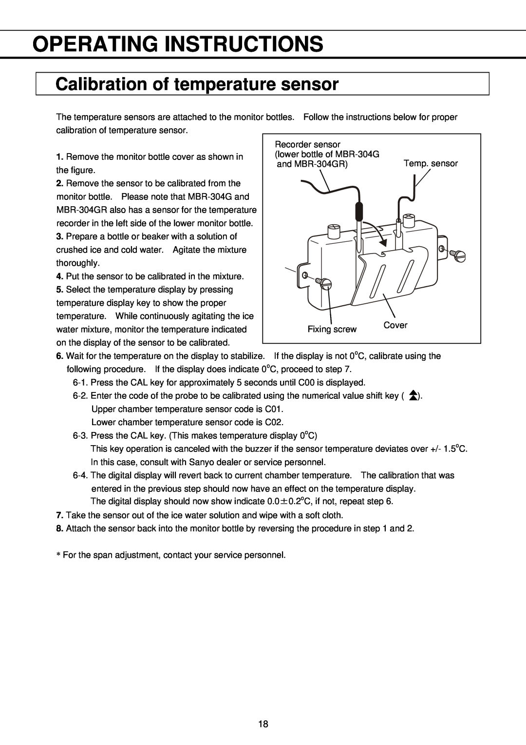 Sanyo MBR-304DR instruction manual Calibration of temperature sensor, Operating Instructions 