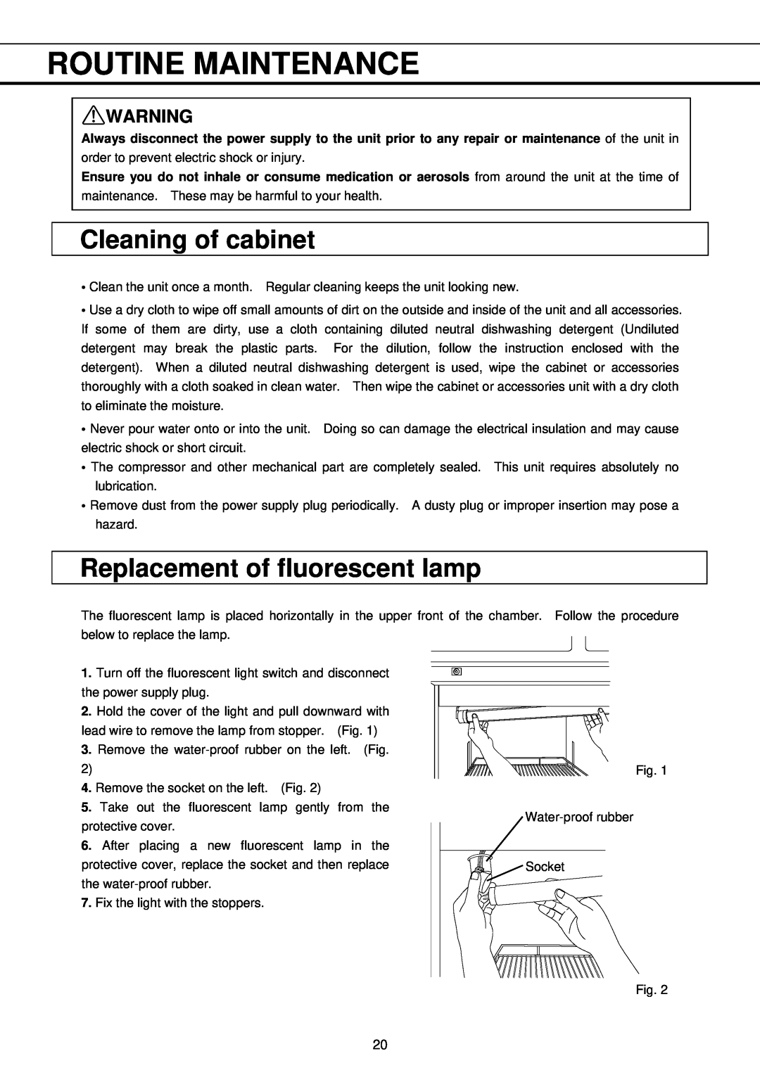 Sanyo MBR-304DR instruction manual Routine Maintenance, Cleaning of cabinet, Replacement of fluorescent lamp 